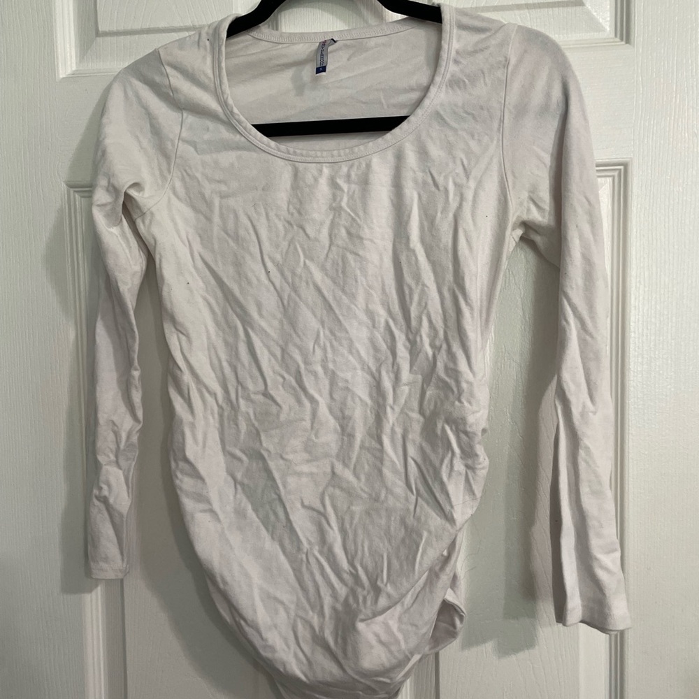 Maternity Long Sleeve White Tee with Side Ruching